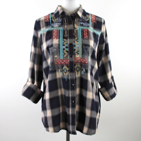 Paparazzi Embroidered Plaid Flannel Velvet Embroidered Back Button Up Shirt L - Picture 1 of 6